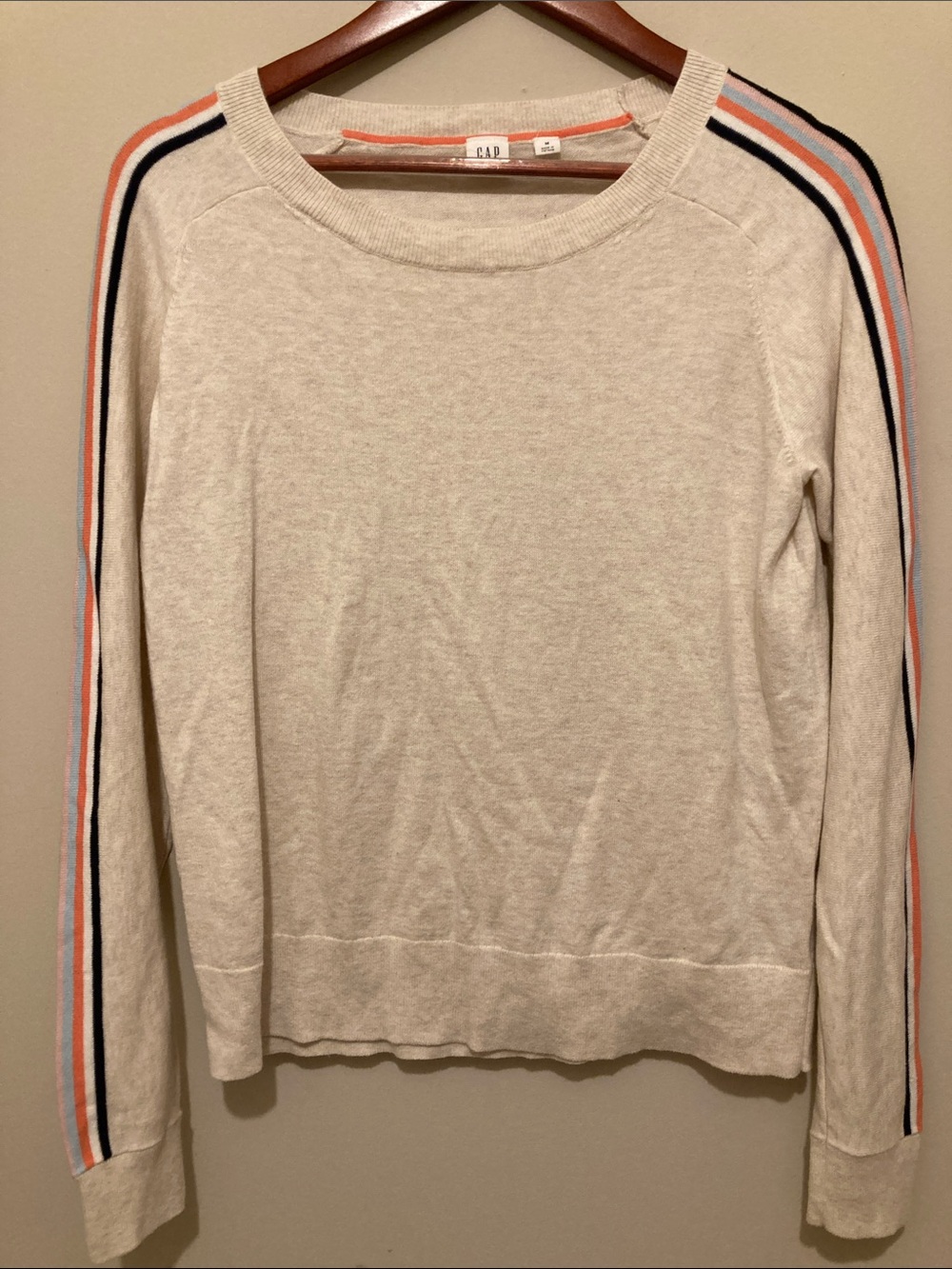 GAP Cream Crewneck Sweater with Blue and Coral Stripe Sleeves